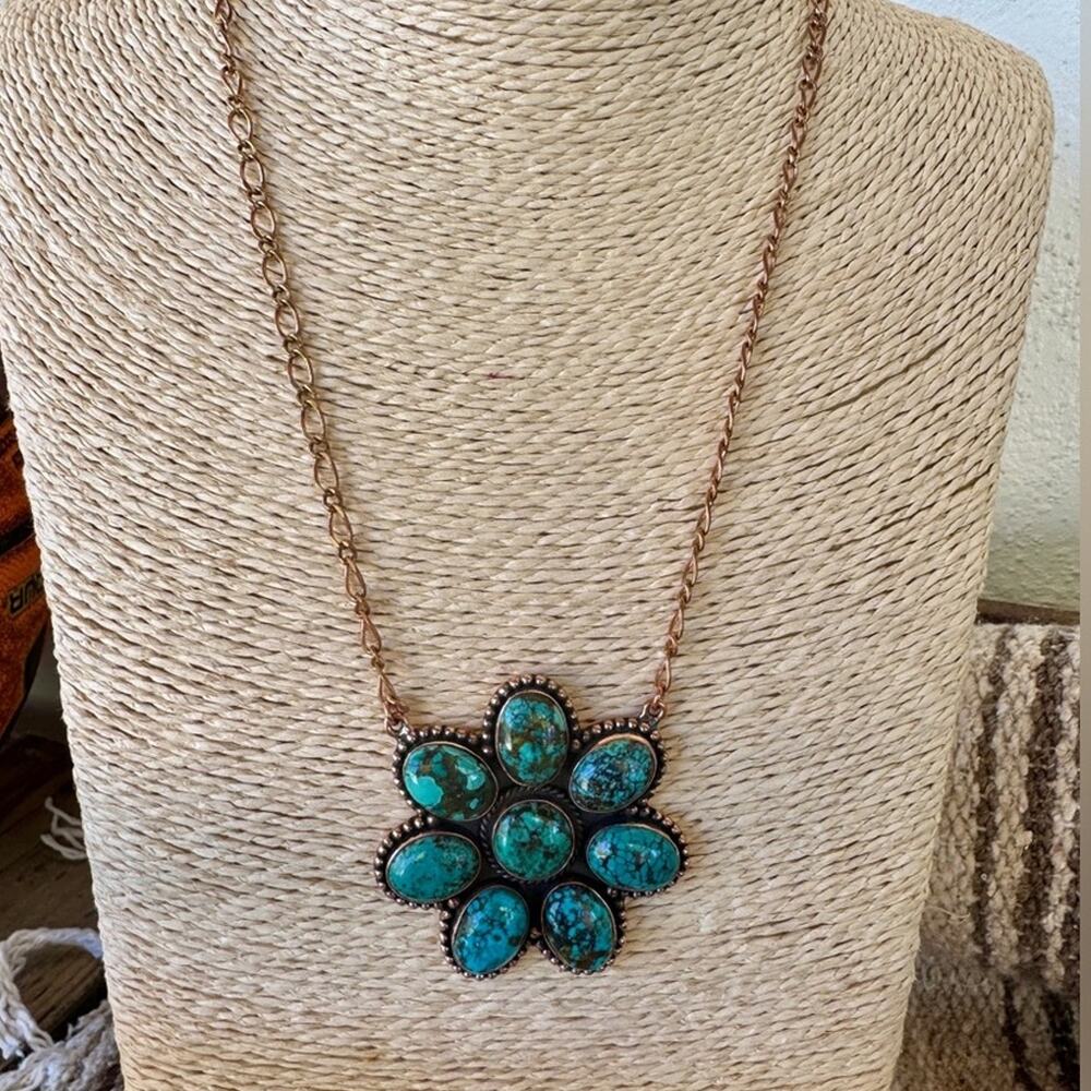 Hubei Turquoise Flower Pendant Necklace Copper Western Boho NWT